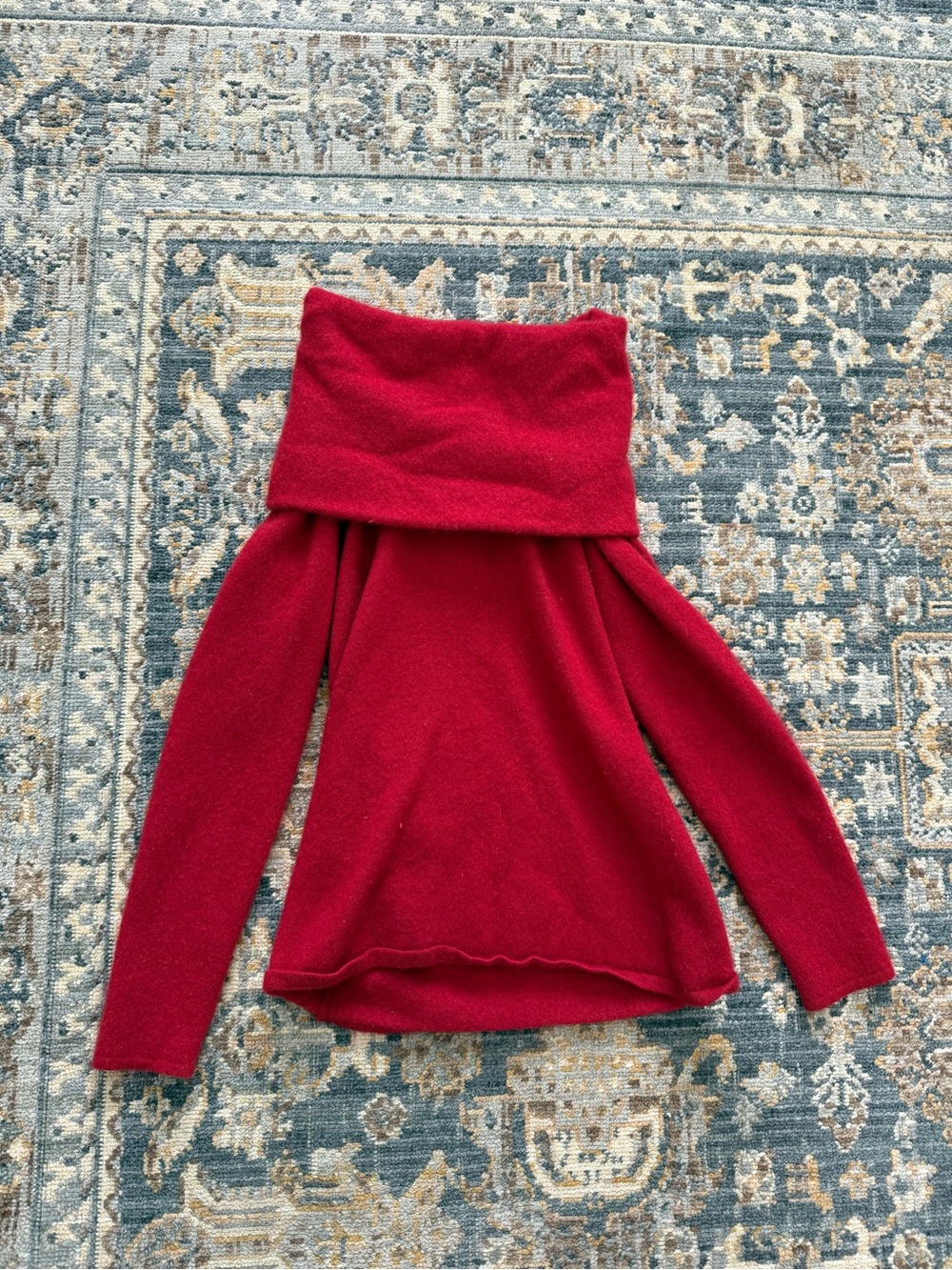 100% Cashmere Sundance Red Off-Shoulder Foldover Cowl Sweater